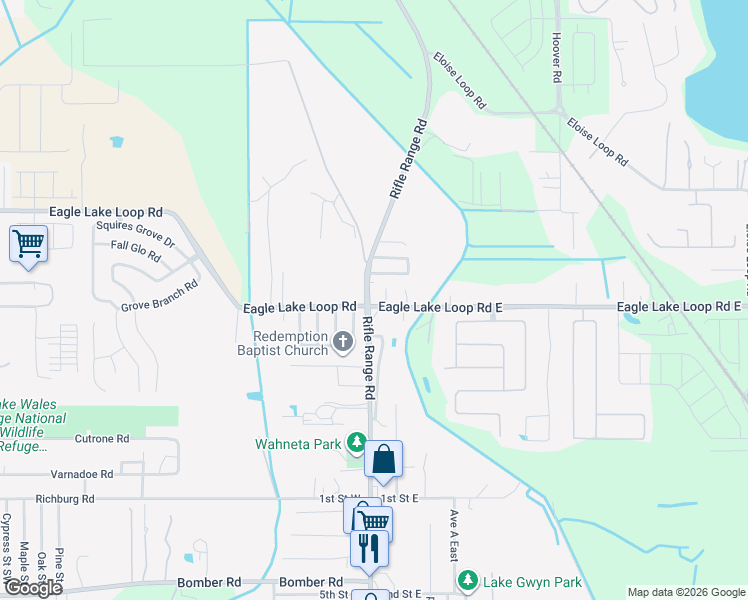map of restaurants, bars, coffee shops, grocery stores, and more near 109 Eagle Lake Loop Road East in Winter Haven