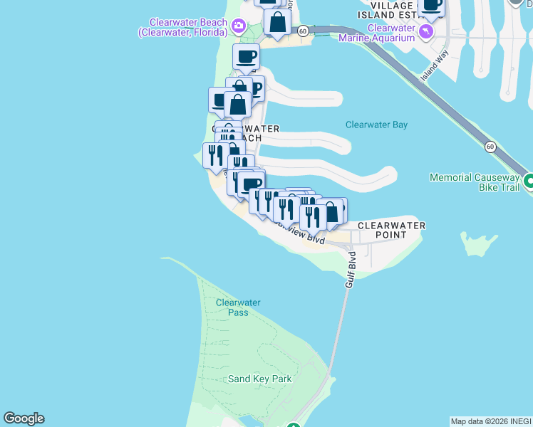 map of restaurants, bars, coffee shops, grocery stores, and more near South Gulfview Boulevard in Clearwater