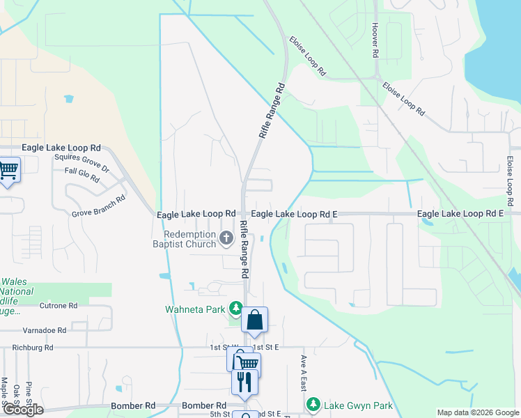 map of restaurants, bars, coffee shops, grocery stores, and more near 109 Eagle Lake Loop Road East in Winter Haven