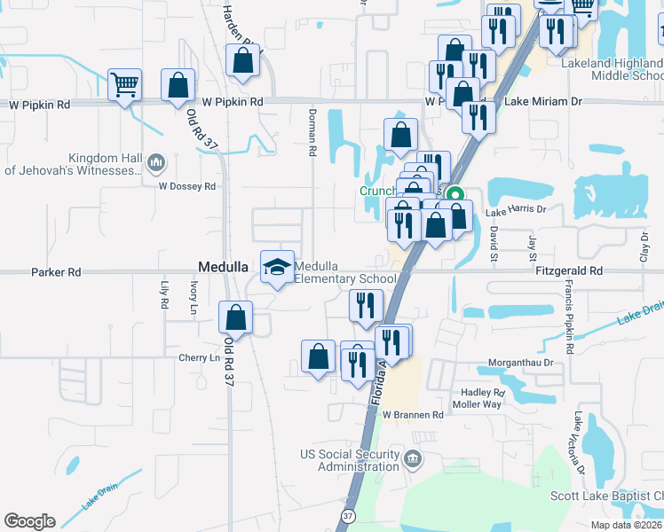 map of restaurants, bars, coffee shops, grocery stores, and more near 727 School House Road in Lakeland
