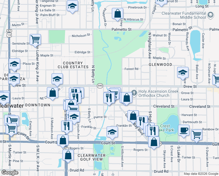 map of restaurants, bars, coffee shops, grocery stores, and more near 1345 Drew Street in Clearwater