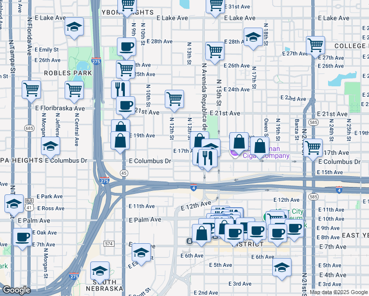 map of restaurants, bars, coffee shops, grocery stores, and more near 1213 East 17th Avenue in Tampa
