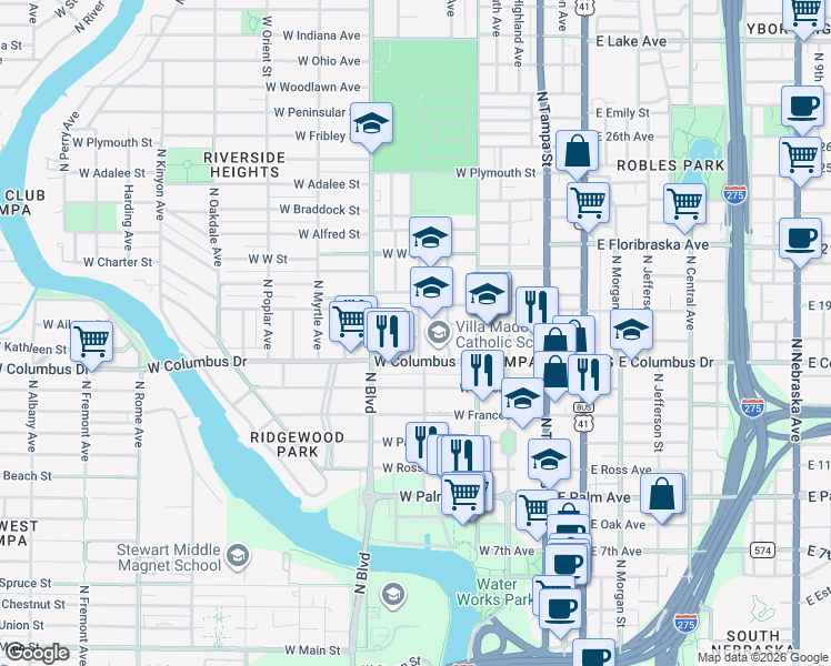 map of restaurants, bars, coffee shops, grocery stores, and more near 501 West Euclid Avenue in Tampa
