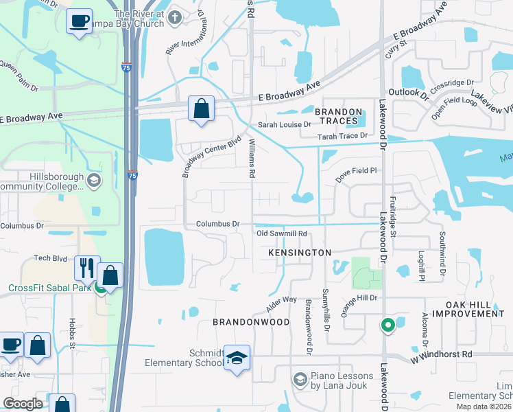 map of restaurants, bars, coffee shops, grocery stores, and more near 1928 Dove Field Place in Brandon