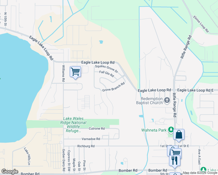 map of restaurants, bars, coffee shops, grocery stores, and more near 240 Grove Branch Road in Winter Haven