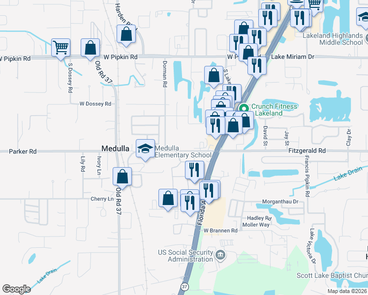 map of restaurants, bars, coffee shops, grocery stores, and more near 727 School House Road in Lakeland