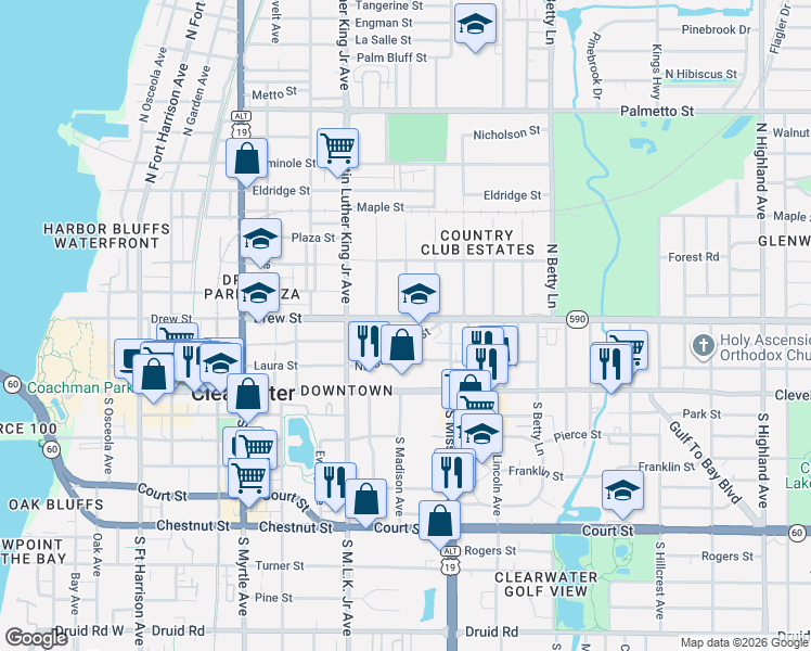 map of restaurants, bars, coffee shops, grocery stores, and more near 1157 Drew Street in Clearwater