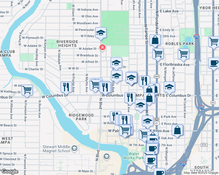 map of restaurants, bars, coffee shops, grocery stores, and more near in Tampa