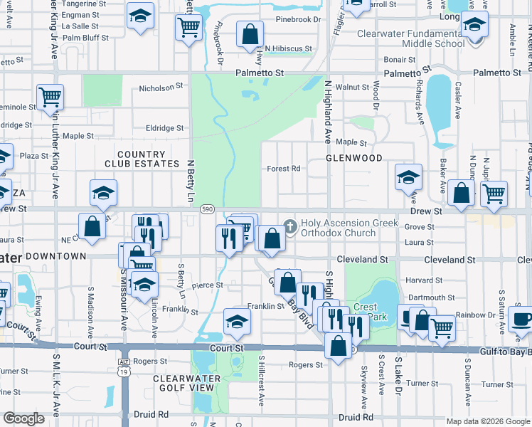 map of restaurants, bars, coffee shops, grocery stores, and more near 119 North Hillcrest Avenue in Clearwater