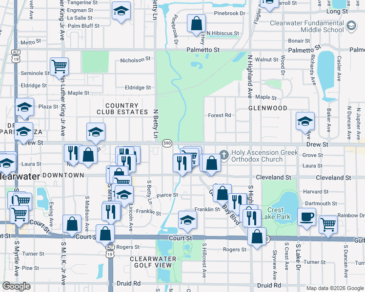 map of restaurants, bars, coffee shops, grocery stores, and more near 111 North Lady Mary Drive in Clearwater