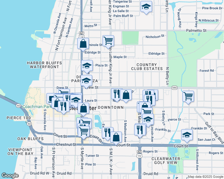 map of restaurants, bars, coffee shops, grocery stores, and more near 1108 Grove Street in Clearwater