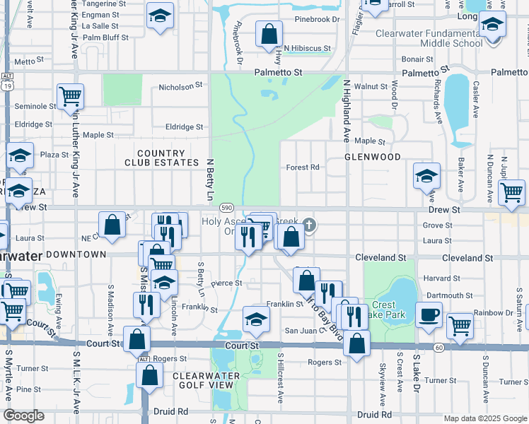 map of restaurants, bars, coffee shops, grocery stores, and more near 1365 Drew Street in Clearwater