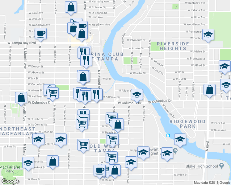 map of restaurants, bars, coffee shops, grocery stores, and more near 1920 West Aileen Street in Tampa