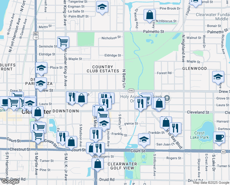 map of restaurants, bars, coffee shops, grocery stores, and more near 123 Kenwood Avenue in Clearwater
