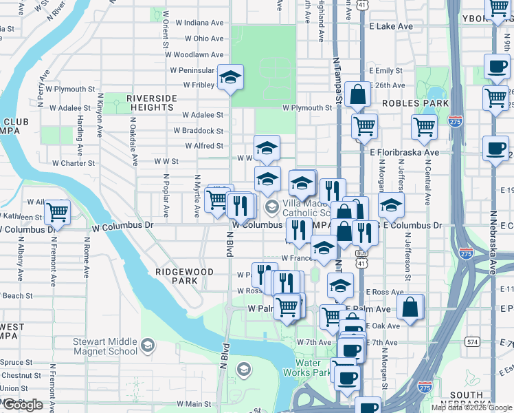 map of restaurants, bars, coffee shops, grocery stores, and more near 501 West Euclid Avenue in Tampa