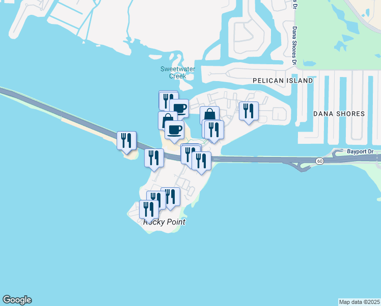 map of restaurants, bars, coffee shops, grocery stores, and more near 3001 North Rocky Point Drive East in Tampa