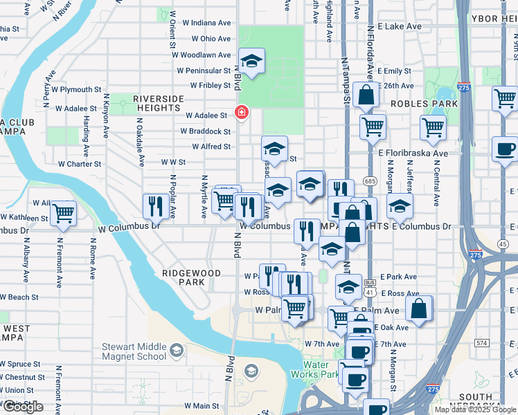 map of restaurants, bars, coffee shops, grocery stores, and more near in Tampa