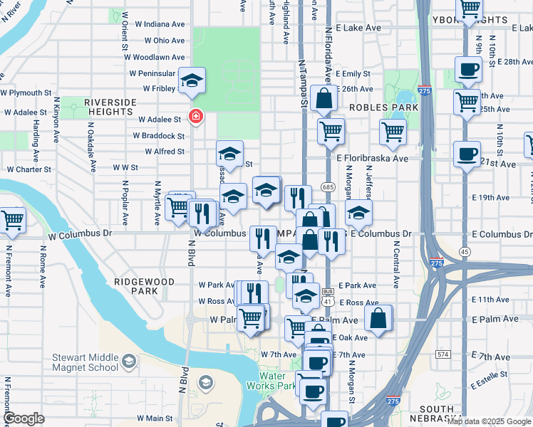 map of restaurants, bars, coffee shops, grocery stores, and more near 2704 North Highland Avenue in Tampa