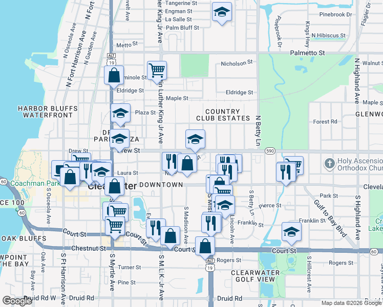 map of restaurants, bars, coffee shops, grocery stores, and more near 1163 Drew Street in Clearwater