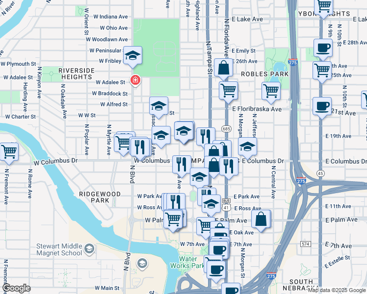 map of restaurants, bars, coffee shops, grocery stores, and more near 2704 North Highland Avenue in Tampa