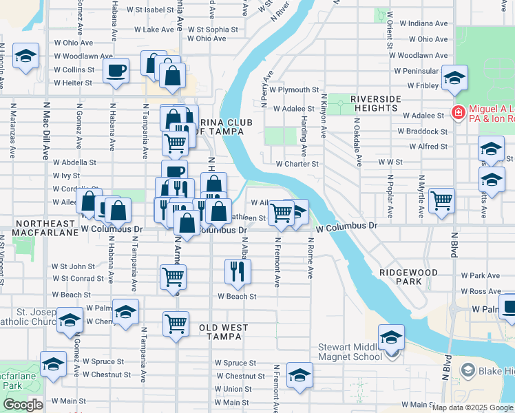 map of restaurants, bars, coffee shops, grocery stores, and more near 1919 West Kathleen Street in Tampa