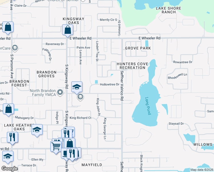 map of restaurants, bars, coffee shops, grocery stores, and more near 321 Hollowtree Drive in Seffner