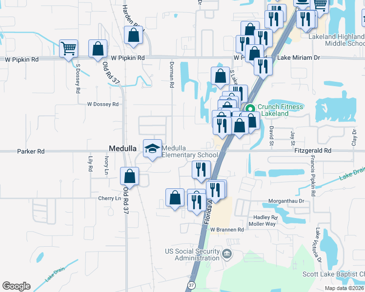 map of restaurants, bars, coffee shops, grocery stores, and more near 727 School House Road in Lakeland