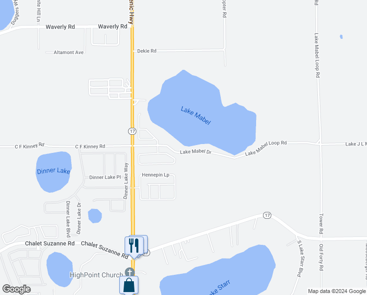 map of restaurants, bars, coffee shops, grocery stores, and more near 242 Lake Mabel Loop Road in Lake Wales