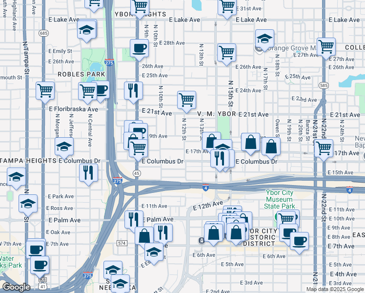 map of restaurants, bars, coffee shops, grocery stores, and more near 1023 East 17th Avenue in Tampa