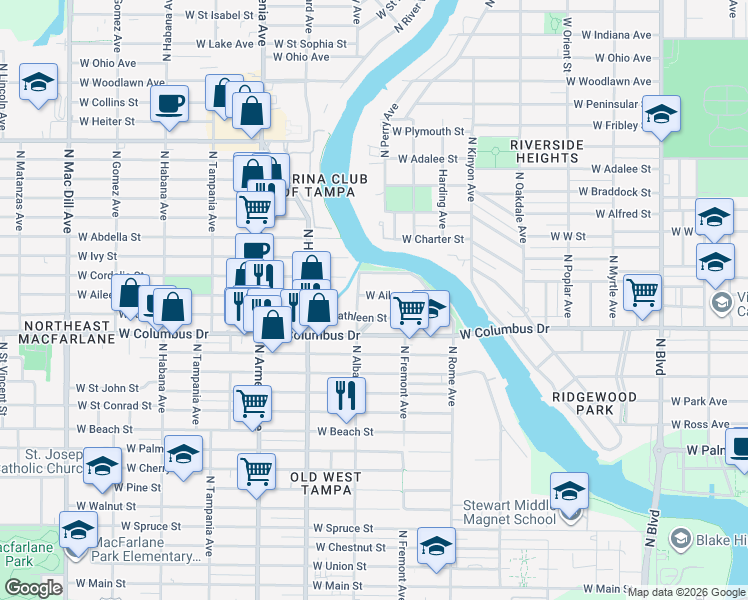 map of restaurants, bars, coffee shops, grocery stores, and more near 1919 West Kathleen Street in Tampa