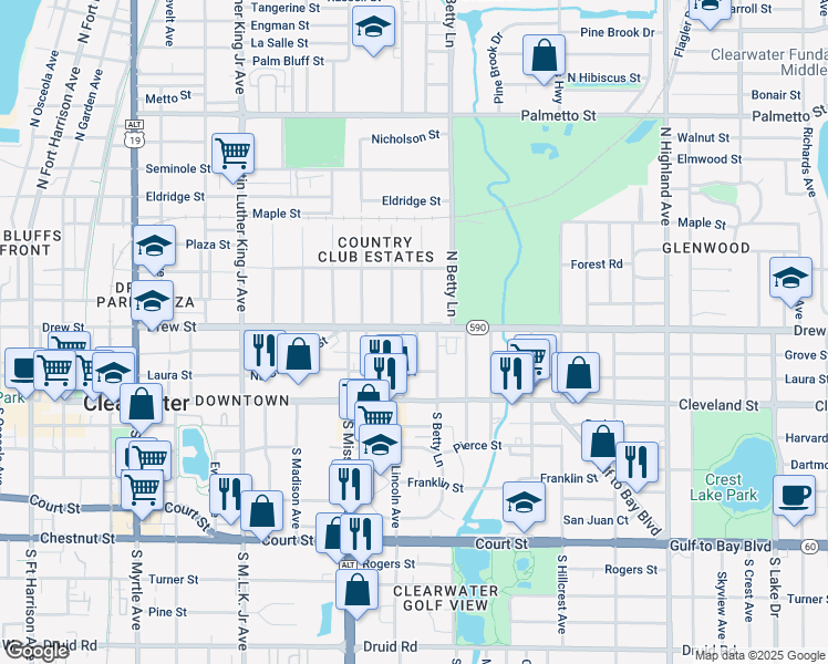 map of restaurants, bars, coffee shops, grocery stores, and more near 123 Kenwood Avenue in Clearwater
