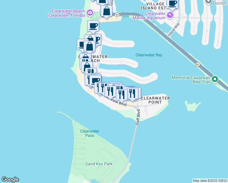 map of restaurants, bars, coffee shops, grocery stores, and more near 645 Bayway Boulevard in Clearwater