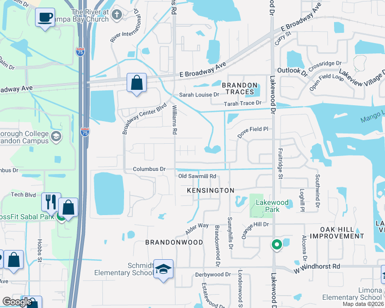 map of restaurants, bars, coffee shops, grocery stores, and more near 1918 Dove Field Place in Brandon