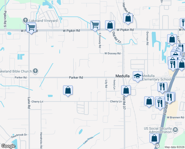 map of restaurants, bars, coffee shops, grocery stores, and more near 1150 Parker Road in Lakeland