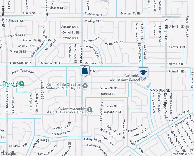map of restaurants, bars, coffee shops, grocery stores, and more near 927 Waco Boulevard Southeast in Palm Bay