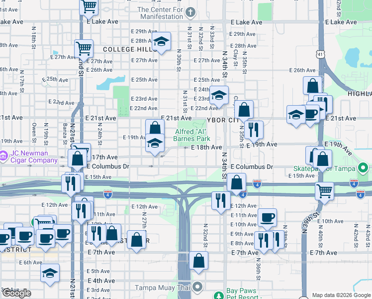 map of restaurants, bars, coffee shops, grocery stores, and more near 3110 East 17th Avenue in Tampa