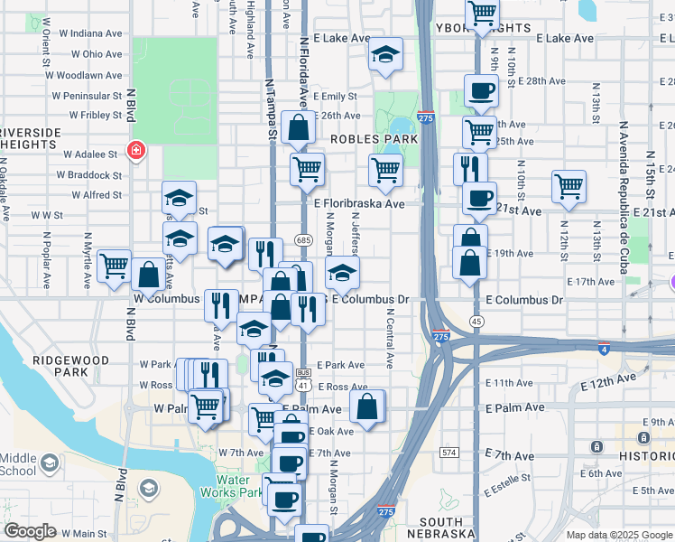 map of restaurants, bars, coffee shops, grocery stores, and more near 2709 North Morgan Street in Tampa