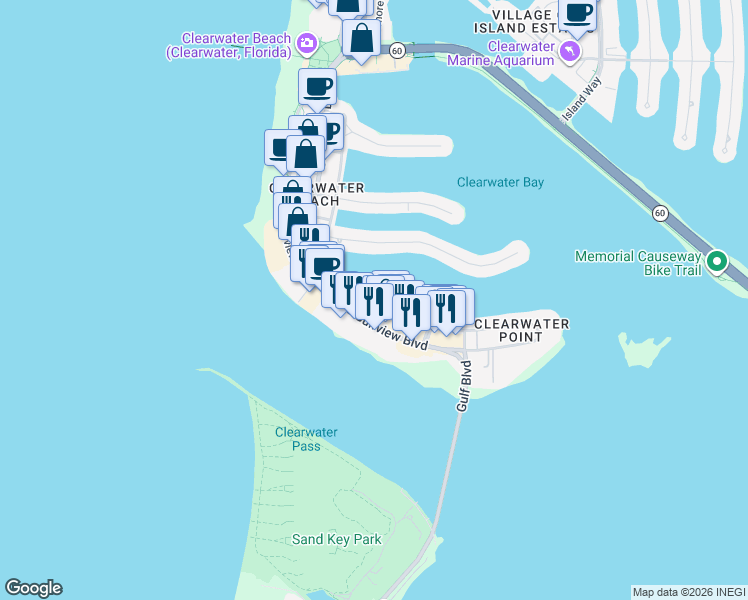 map of restaurants, bars, coffee shops, grocery stores, and more near 645 Bayway Boulevard in Clearwater