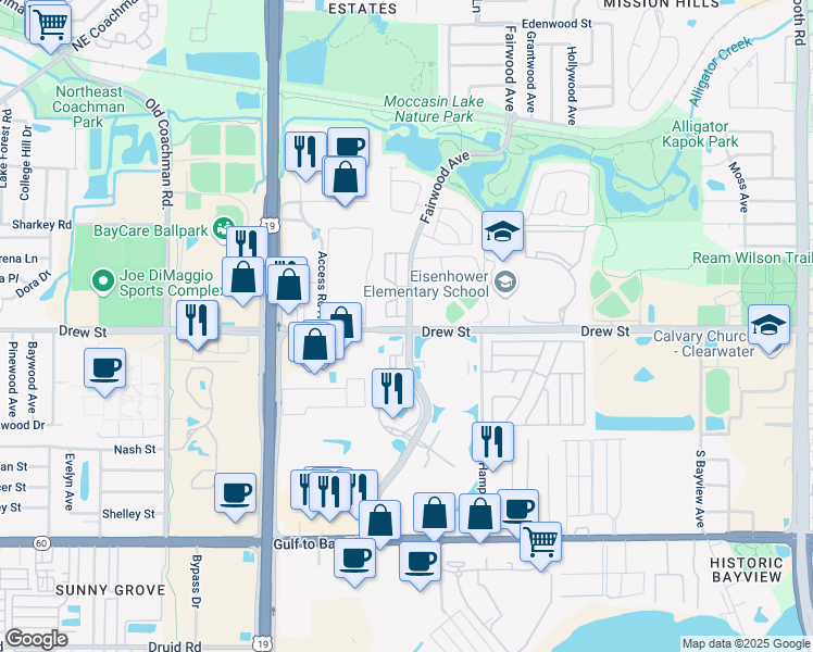 map of restaurants, bars, coffee shops, grocery stores, and more near 76 Fairwood Avenue in Clearwater