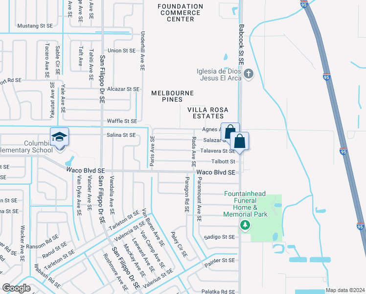 map of restaurants, bars, coffee shops, grocery stores, and more near 1557 Talavera Street Southeast in Palm Bay