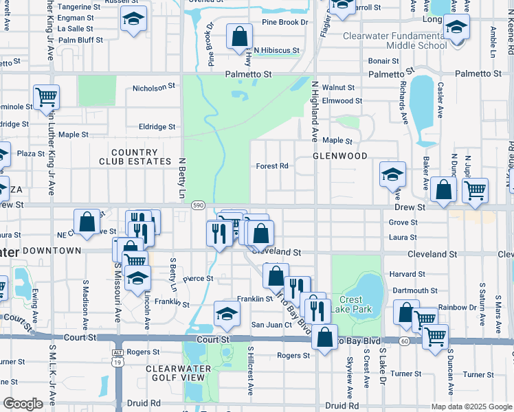 map of restaurants, bars, coffee shops, grocery stores, and more near Drew Street in Clearwater