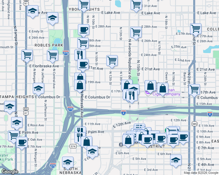 map of restaurants, bars, coffee shops, grocery stores, and more near 1023 East 17th Avenue in Tampa