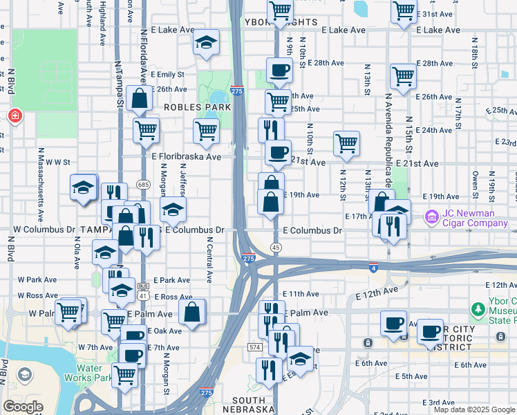 map of restaurants, bars, coffee shops, grocery stores, and more near 801 East Forest Avenue in Tampa