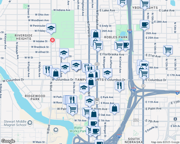 map of restaurants, bars, coffee shops, grocery stores, and more near in Tampa