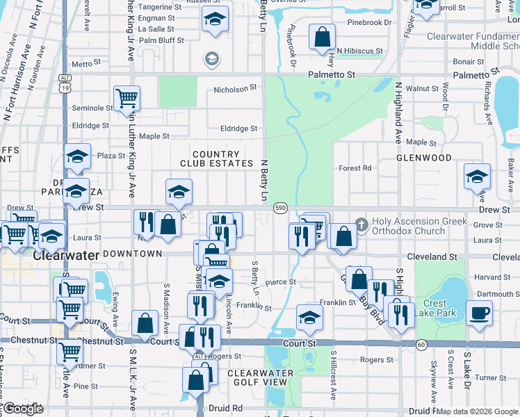 map of restaurants, bars, coffee shops, grocery stores, and more near 124 North Fredrica Avenue in Clearwater