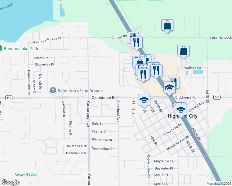 map of restaurants, bars, coffee shops, grocery stores, and more near 5406 Strickland Avenue in Lakeland