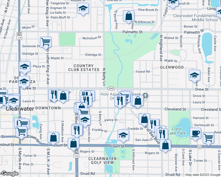 map of restaurants, bars, coffee shops, grocery stores, and more near Drew Street in Clearwater