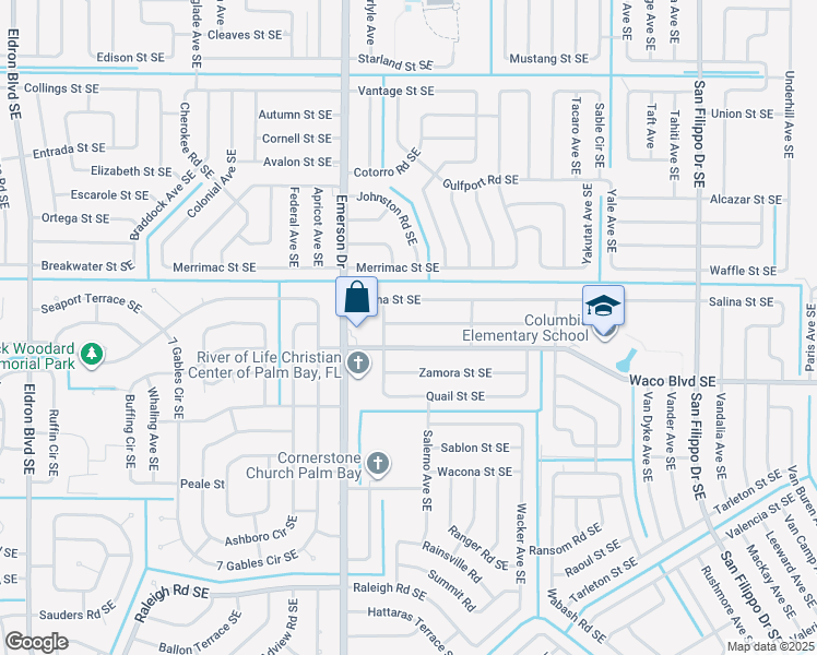 map of restaurants, bars, coffee shops, grocery stores, and more near 926 Sally Street Southeast in Palm Bay