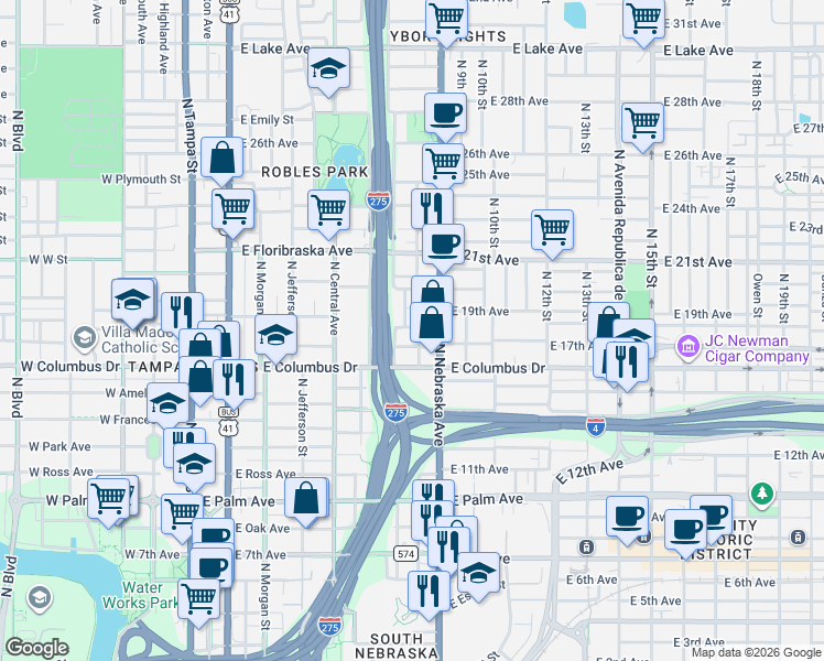 map of restaurants, bars, coffee shops, grocery stores, and more near 801 East Forest Avenue in Tampa