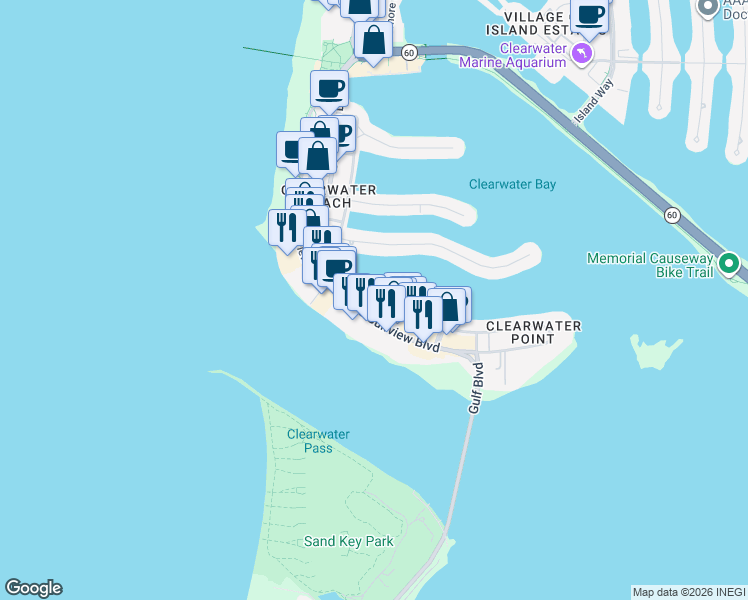 map of restaurants, bars, coffee shops, grocery stores, and more near 600 Bayway Boulevard in Clearwater